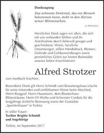 Traueranzeige von Alfred Strotzer von WVG - Wochenspiegel Wittenberg