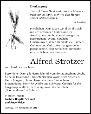 Traueranzeige von Alfred Strotzer von Mitteldeutsche Zeitung Wittenberg