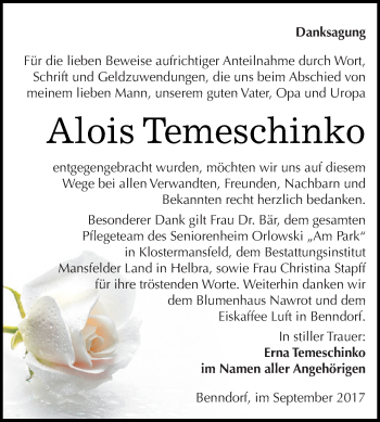 Traueranzeige von Alois Temeschinko von Wochenspiegel Mansfelder Land