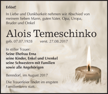 Traueranzeige von Alois Temeschinko von Mitteldeutsche Zeitung Mansfelder Land