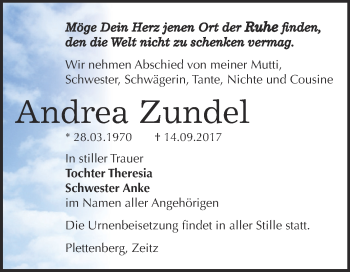 Traueranzeige von Andrea Zundel von Super Sonntag Zeitz