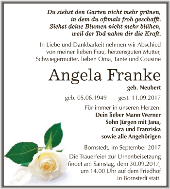Traueranzeige von Angela Franke von Super Sonntag SGH Mansf. Land