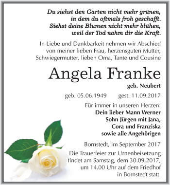 Traueranzeige von Angela Franke von Mitteldeutsche Zeitung Mansfelder Land