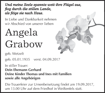Traueranzeige von Angela Grabow von WVG - Wochenspiegel NMB / WSF / ZTZ