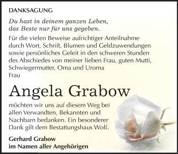 Traueranzeige von Angela Grabow von Mitteldeutsche Zeitung Weißenfels