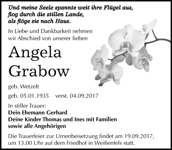 Traueranzeige von Angela Grabow von Mitteldeutsche Zeitung Weißenfels
