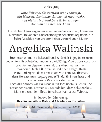Traueranzeige von Angelika Walinski von Mitteldeutsche Zeitung Mansfelder Land