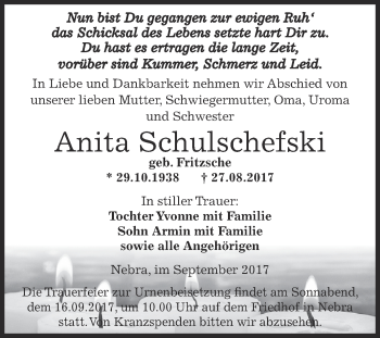 Traueranzeige von Anita Schulschefski von WVG - Wochenspiegel NMB / WSF / ZTZ