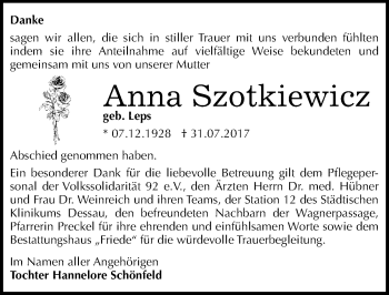 Traueranzeige von Anna Szotkiewicz von Mitteldeutsche Zeitung Dessau-Roßlau