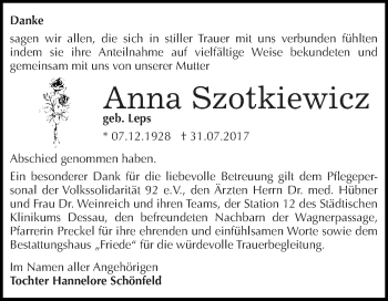 Traueranzeige von Anna Szotkiewicz von WVG - Wochenspiegel Dessau / Köthen
