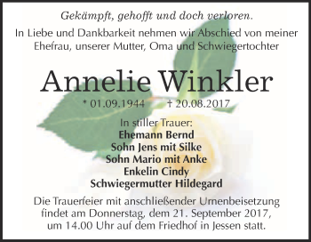 Traueranzeige von Annelie Winkler von WVG - Wochenspiegel Wittenberg