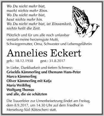 Traueranzeige von Annelies Eckert von WVG - Wochenspiegel Merseburg