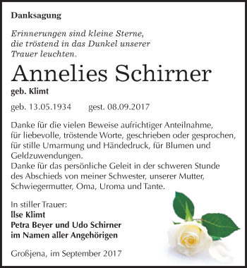 Traueranzeige von Annelies Schirner von Mitteldeutsche Zeitung Naumburg/Nebra