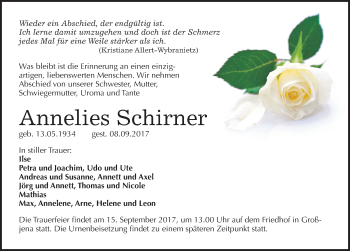 Traueranzeige von Annelies Schirner von Mitteldeutsche Zeitung Naumburg/Nebra