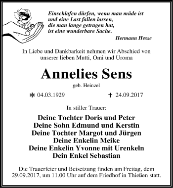 Traueranzeige von Annelies Sens von Mitteldeutsche Zeitung