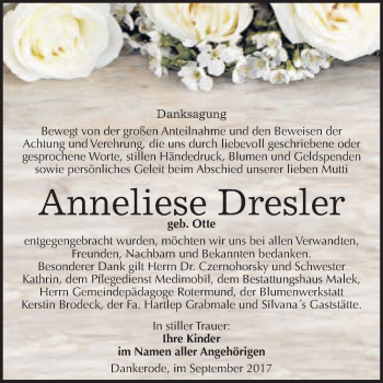 Traueranzeige von Anneliese Dresler von WVG - Wochenspiegel Quedlinburg