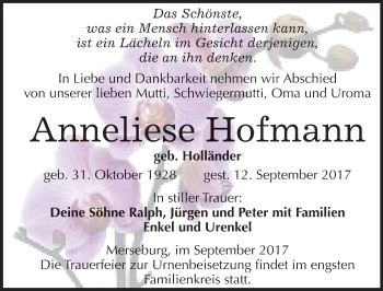Traueranzeige von Anneliese Hofmann von Mitteldeutsche Zeitung Merseburg/Querfurt
