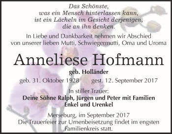 Traueranzeige von Anneliese Hofmann von WVG - Wochenspiegel Merseburg