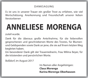 Traueranzeige von Anneliese Morenga von WVG - Wochenspiegel Wittenberg