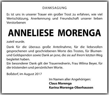 Traueranzeige von Anneliese Morenga von Mitteldeutsche Zeitung Wittenberg