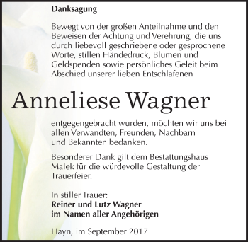 Traueranzeige von Anneliese Wagner von Mitteldeutsche Zeitung Sangerhausen