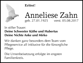 Traueranzeige von Anneliese Zahn von Mitteldeutsche Zeitung Bitterfeld