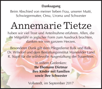 Traueranzeige von Annemarie Tietze von Mitteldeutsche Zeitung Mansfelder Land