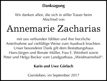 Traueranzeige von Annemarie Zacharias von Mitteldeutsche Zeitung Aschersleben