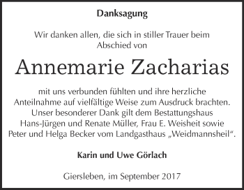 Traueranzeige von Annemarie Zacharias von Super Sonntag Aschersleben