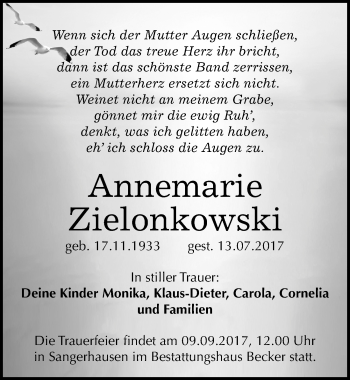 Traueranzeige von Annemarie Zielonkowski von Mitteldeutsche Zeitung Sangerhausen