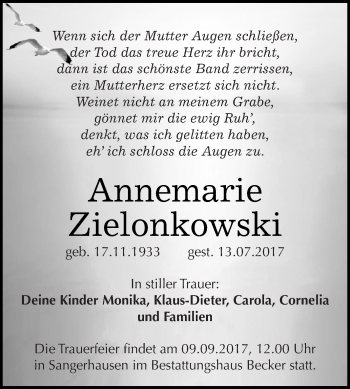 Traueranzeige von Annemarie Zielonkowski von Super Sonntag SGH Mansf. Land