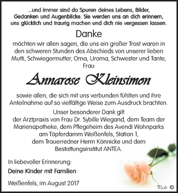 Traueranzeige von Annerose Kleinsimon von Mitteldeutsche Zeitung Weißenfels