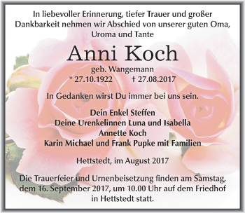 Traueranzeige von Anni Koch von Mitteldeutsche Zeitung Mansfelder Land
