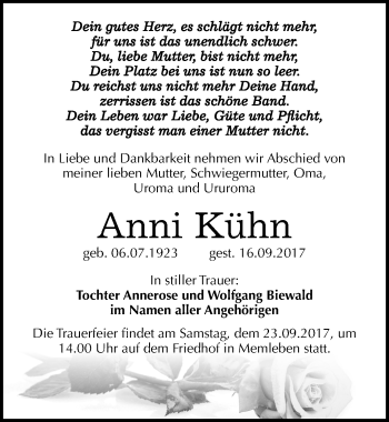 Traueranzeige von Anni Kühn von Mitteldeutsche Zeitung Naumburg/Nebra