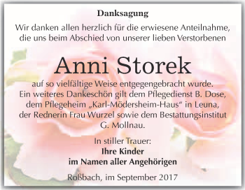 Traueranzeige von Anni Storek von WVG - Wochenspiegel Merseburg