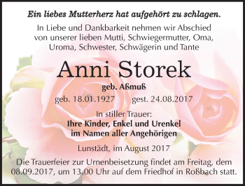 Traueranzeige von Anni Storek von Mitteldeutsche Zeitung Merseburg/Querfurt