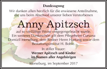 Traueranzeige von Anny Apitzsch von Mitteldeutsche Zeitung Merseburg/Querfurt