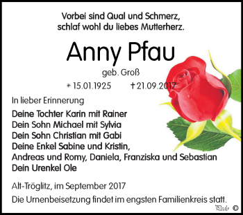 Traueranzeige von Anny Pfau von Super Sonntag Zeitz