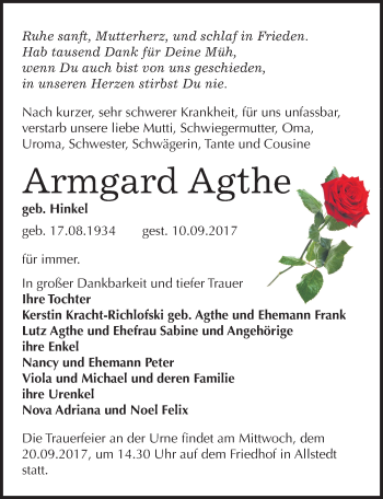 Traueranzeige von Armgard Agthe von Mitteldeutsche Zeitung Sangerhausen