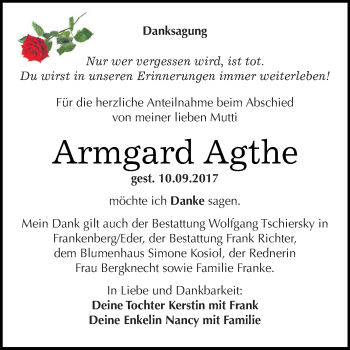 Traueranzeige von Armgard Agthe von Super Sonntag SGH Mansf. Land