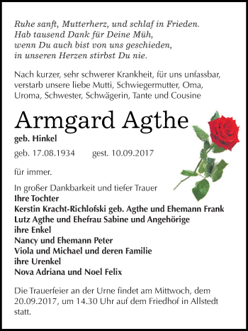 Traueranzeige von Armgard Agthe von Super Sonntag SGH Mansf. Land