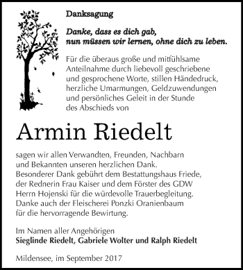 Traueranzeige von Armin Riedelt von WVG - Wochenspiegel Dessau / Köthen