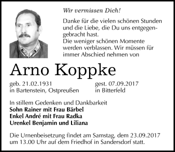 Traueranzeige von Arno Koppke von Mitteldeutsche Zeitung Bitterfeld