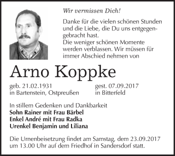 Traueranzeige von Arno Koppke von WVG - Wochenspiegel Bitterfeld