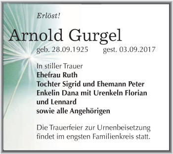 Traueranzeige von Arnold Gurgel von WVG - Wochenspiegel Merseburg