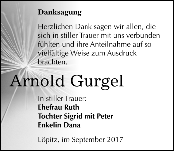 Traueranzeige von Arnold Gurgel von Mitteldeutsche Zeitung Merseburg/Querfurt