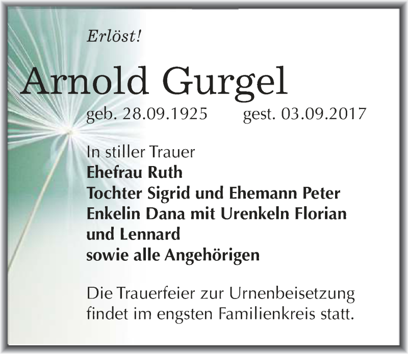  Traueranzeige für Arnold Gurgel vom 09.09.2017 aus Mitteldeutsche Zeitung Merseburg/Querfurt