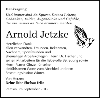 Traueranzeige von Arnold Jetzke von Mitteldeutsche Zeitung Bitterfeld