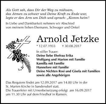 Traueranzeige von Arnold Jetzke von Mitteldeutsche Zeitung Bitterfeld