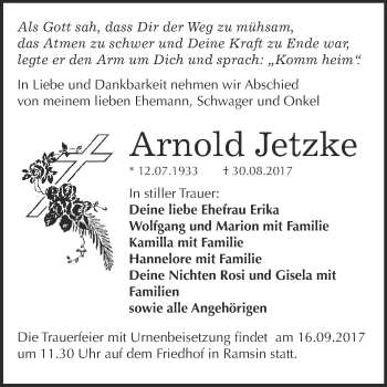 Traueranzeige von Arnold Jetzke von WVG - Wochenspiegel Bitterfeld